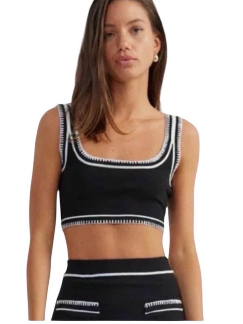Black Cropped Tank Top with White Contrast Trim